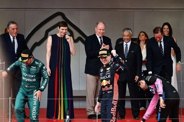Prince Albert abnd Charlene attend the podium ceremony of the Formula 1 Monaco Grand Prix