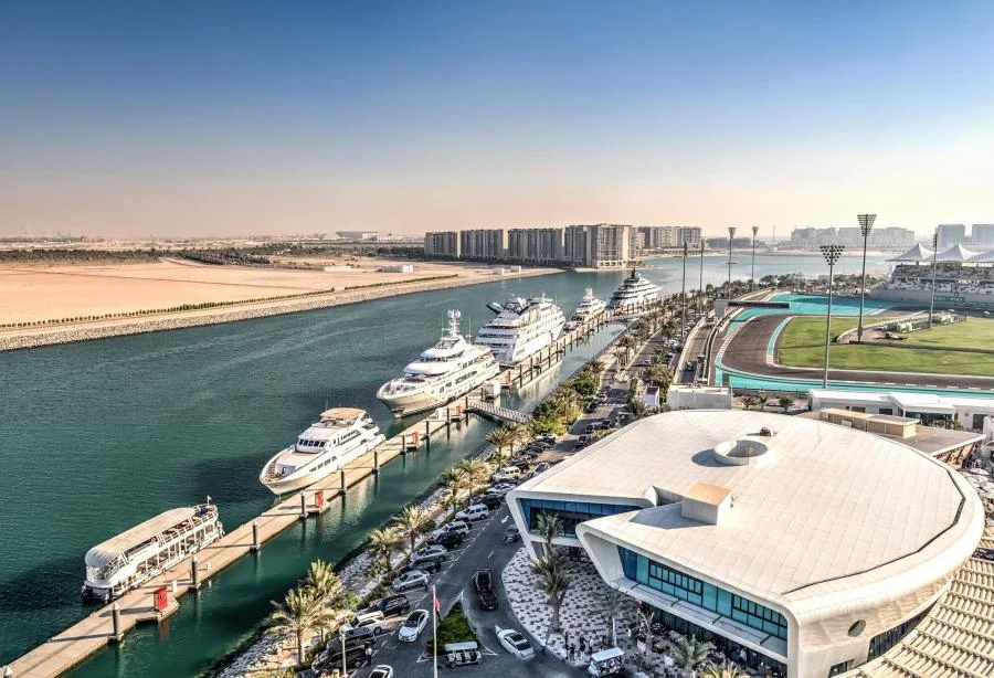 Yachts across the Yas Marina Harbour, moured for the Abu Dhabi Grand Prix.